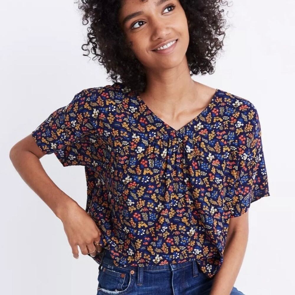 Madewell Rhyme Top in Garden Party Womens Small Blue with Floral Print